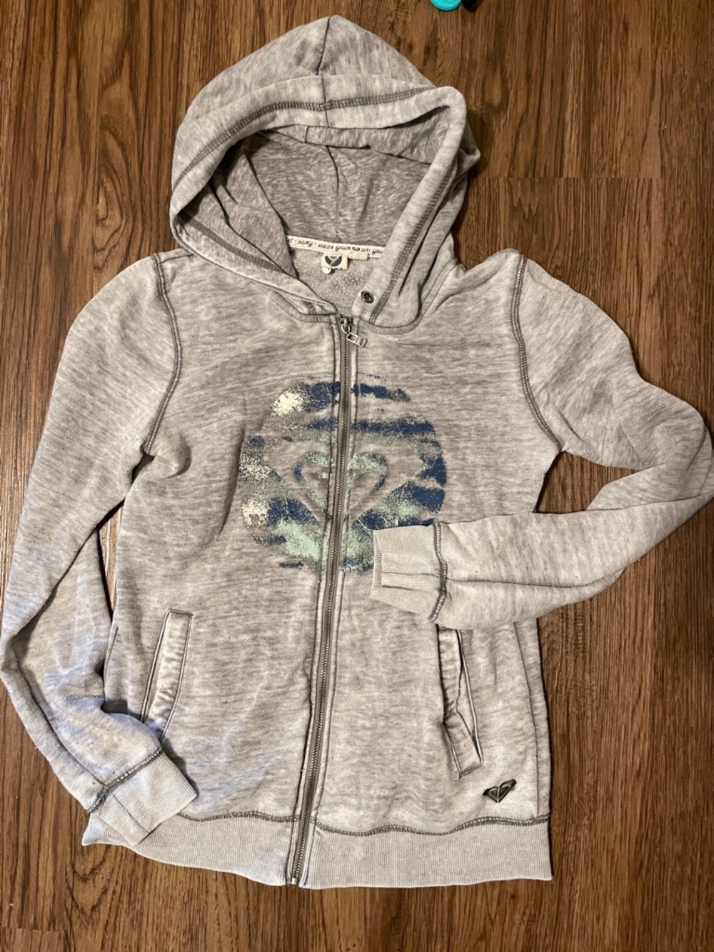 Roxy Light Gray lightweight zip up Hoodie with Blue-Green Graphic